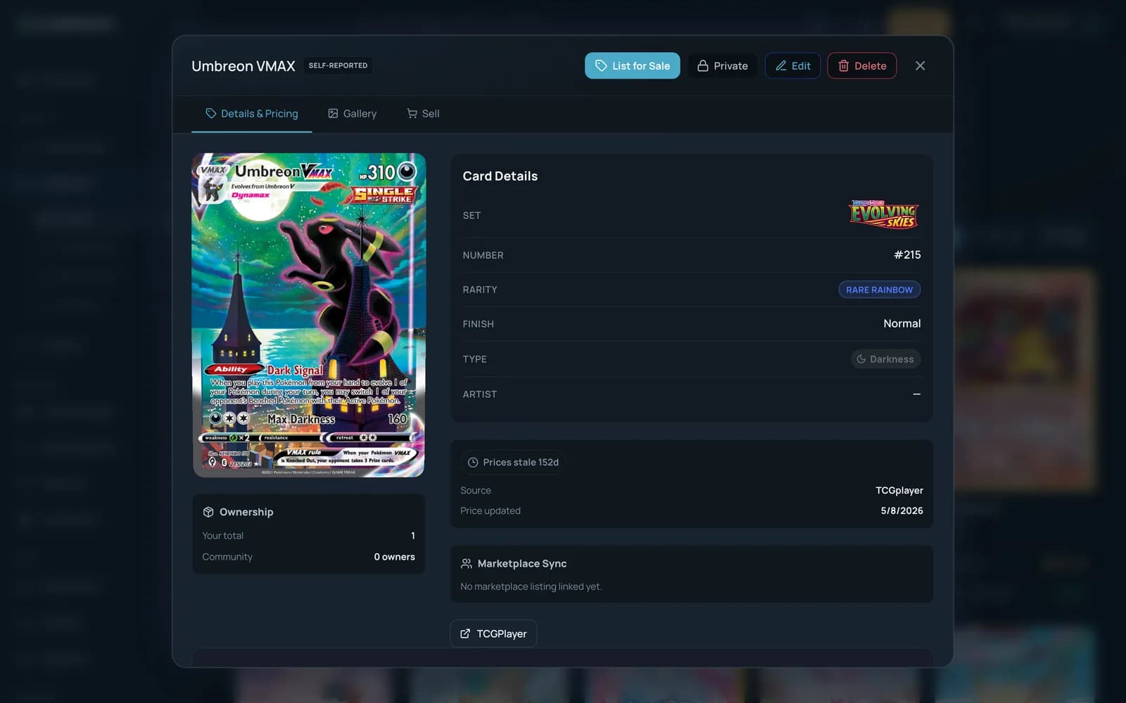 A card opened in Cardmatic with List for Sale and pricing details