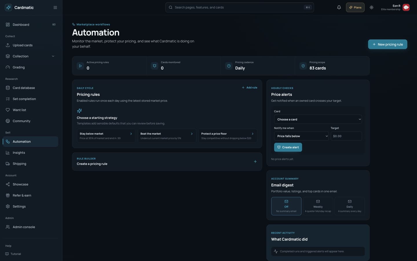 Cardmatic automation workspace for pricing rules, price alerts, and email digests