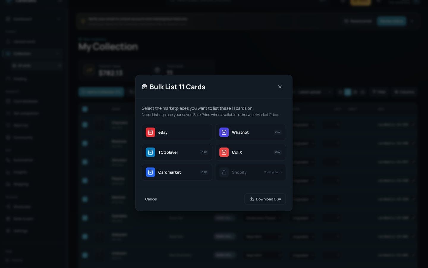 Cardmatic bulk listing modal with live eBay publishing, CSV exports for multiple marketplaces, and Shopify marked coming soon