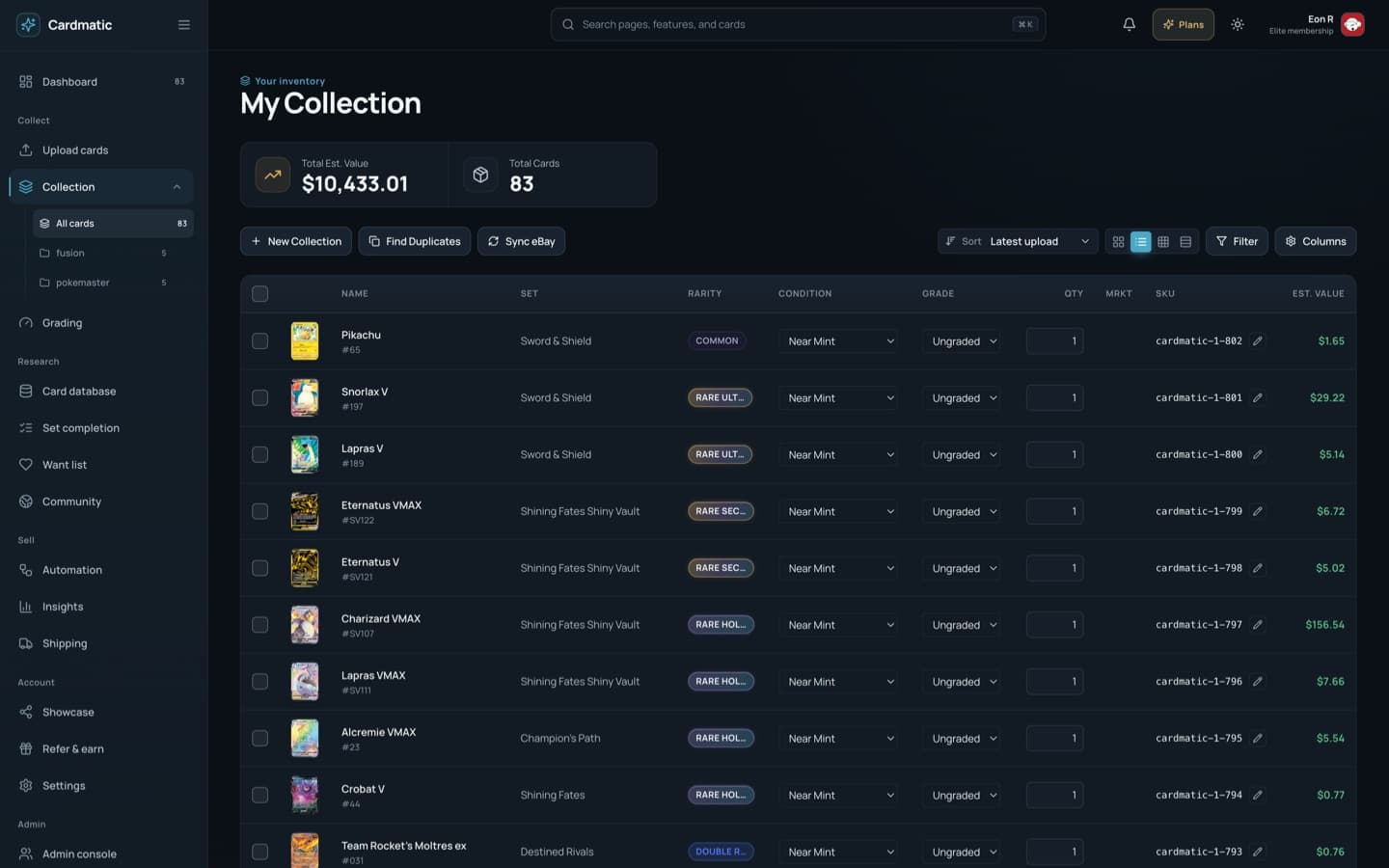 Cardmatic collection workspace with card details, values, and inventory controls