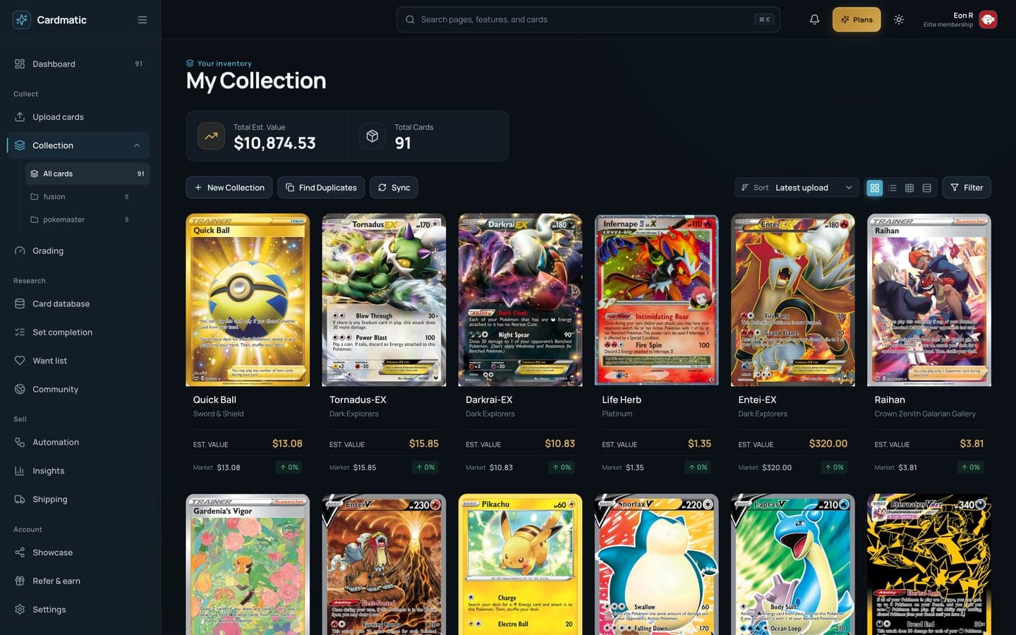 Cardmatic collection showing a populated card inventory with values, sorting, and collection controls