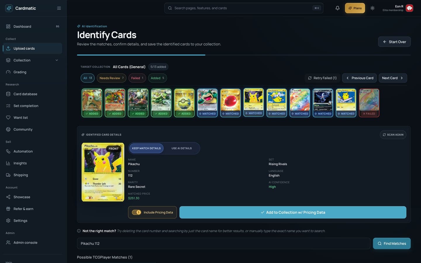 Cardmatic Identify Cards workspace confirming AI matches, card details, and pricing data