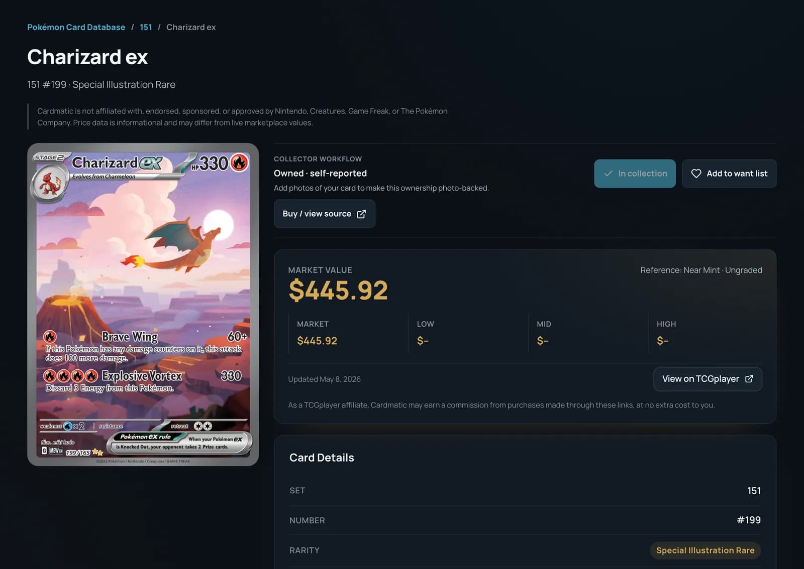 A Pokémon card in Cardmatic with market value, low, mid and high prices