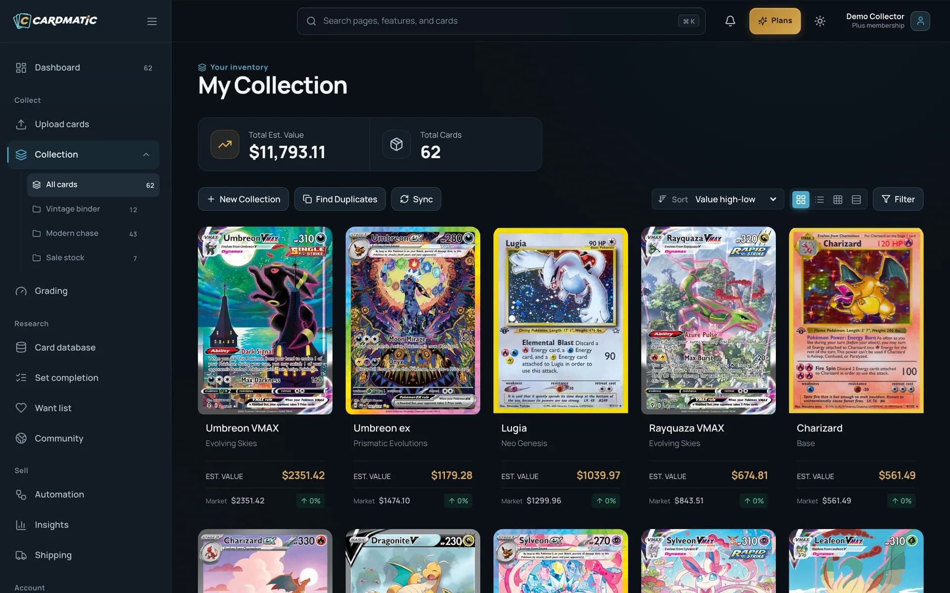 A sample Cardmatic collection in grid view, sorted by value