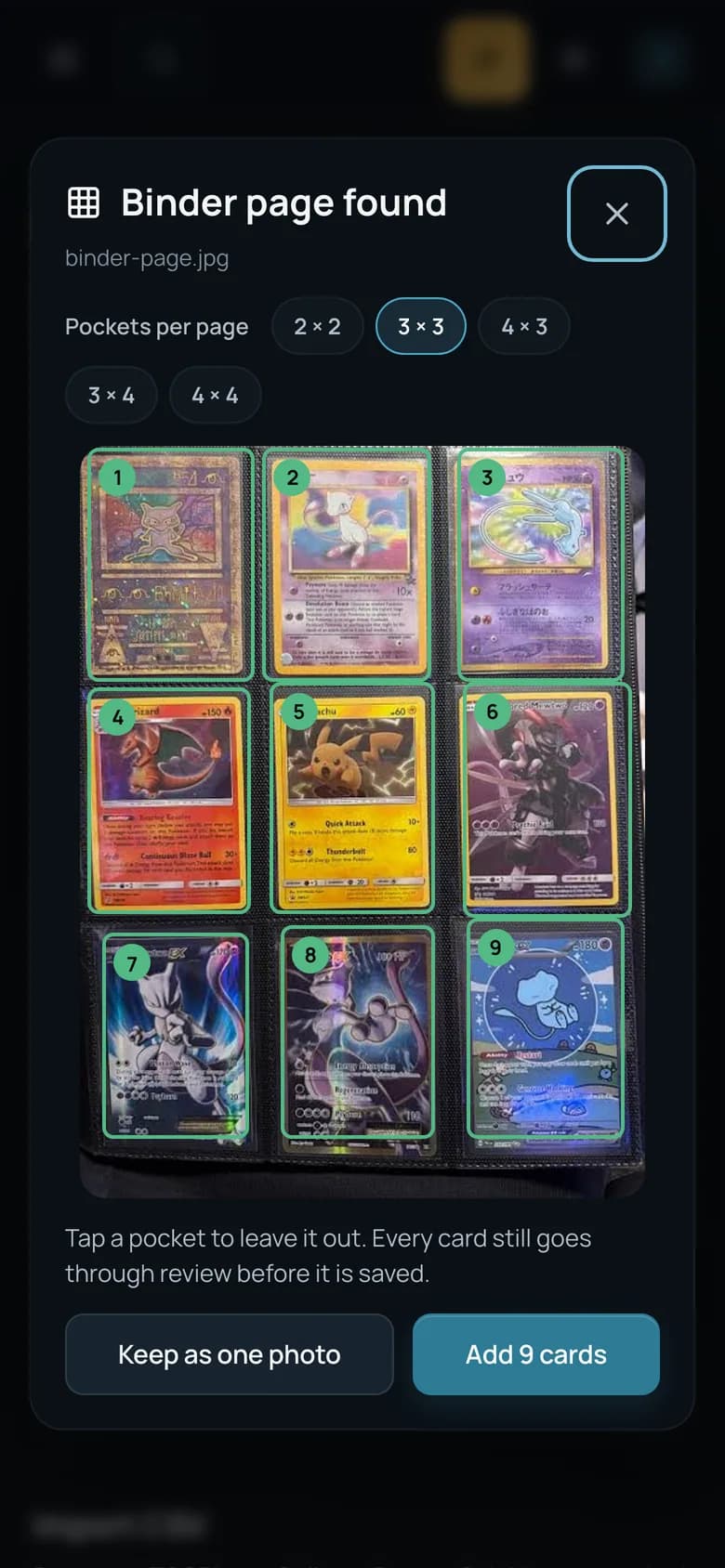 Cardmatic on a phone finding nine pockets in a photo of a binder page