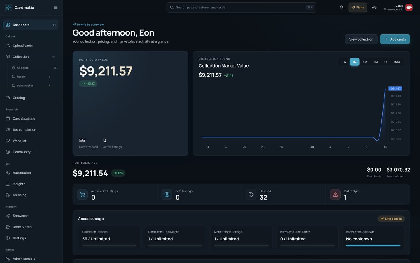 Cardmatic dashboard showing the shared navigation, search, plan, and account controls