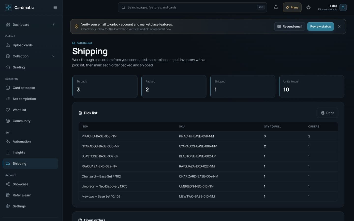 Populated Cardmatic shipping workspace with pick list and open orders