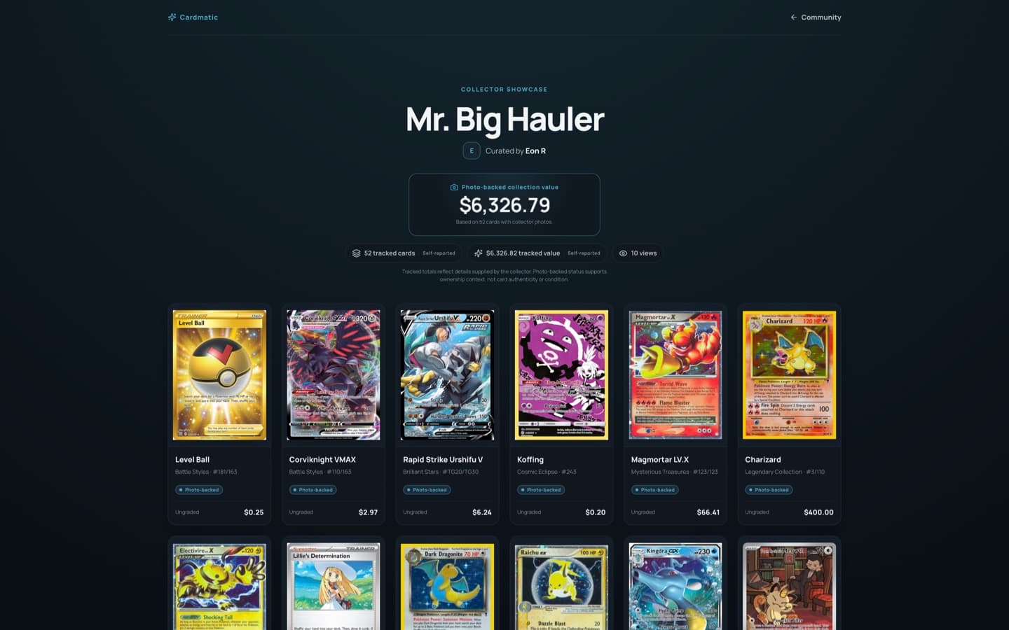 Published Cardmatic collector showcase populated with photo-backed cards