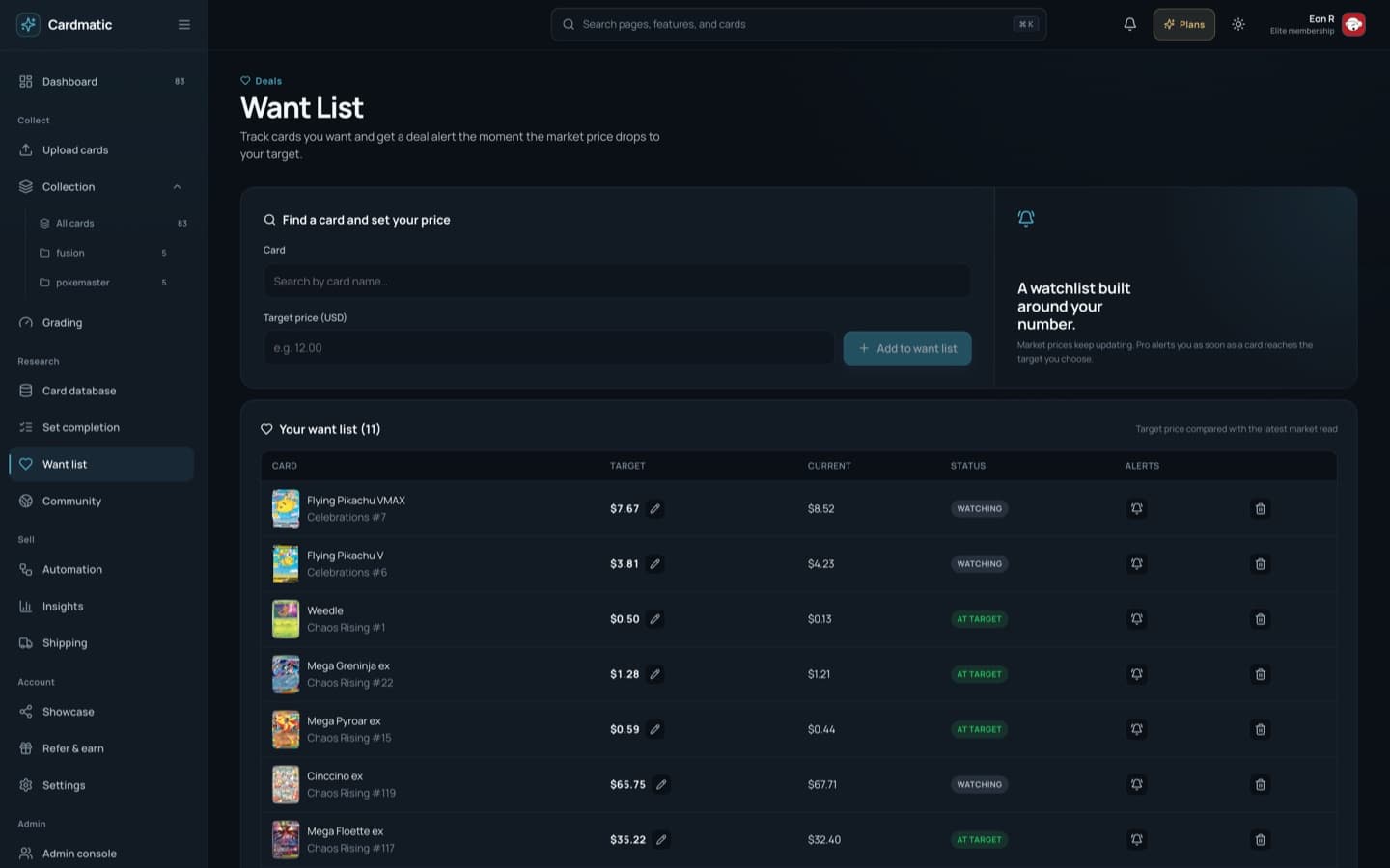 Populated Cardmatic want list with target prices, current prices, and alert controls