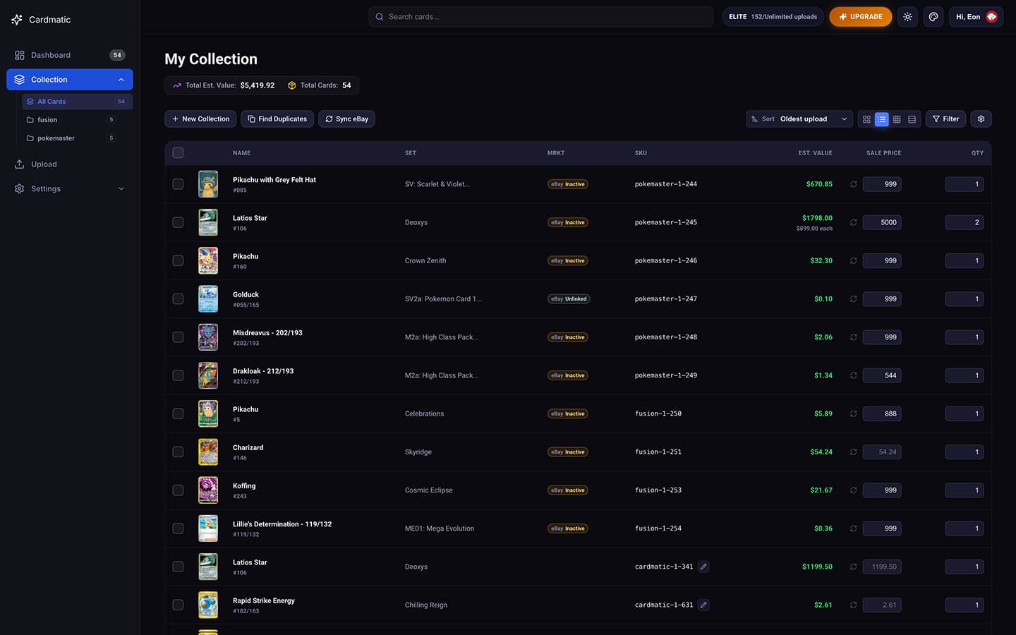 Cardmatic collection workspace showing scanned cards