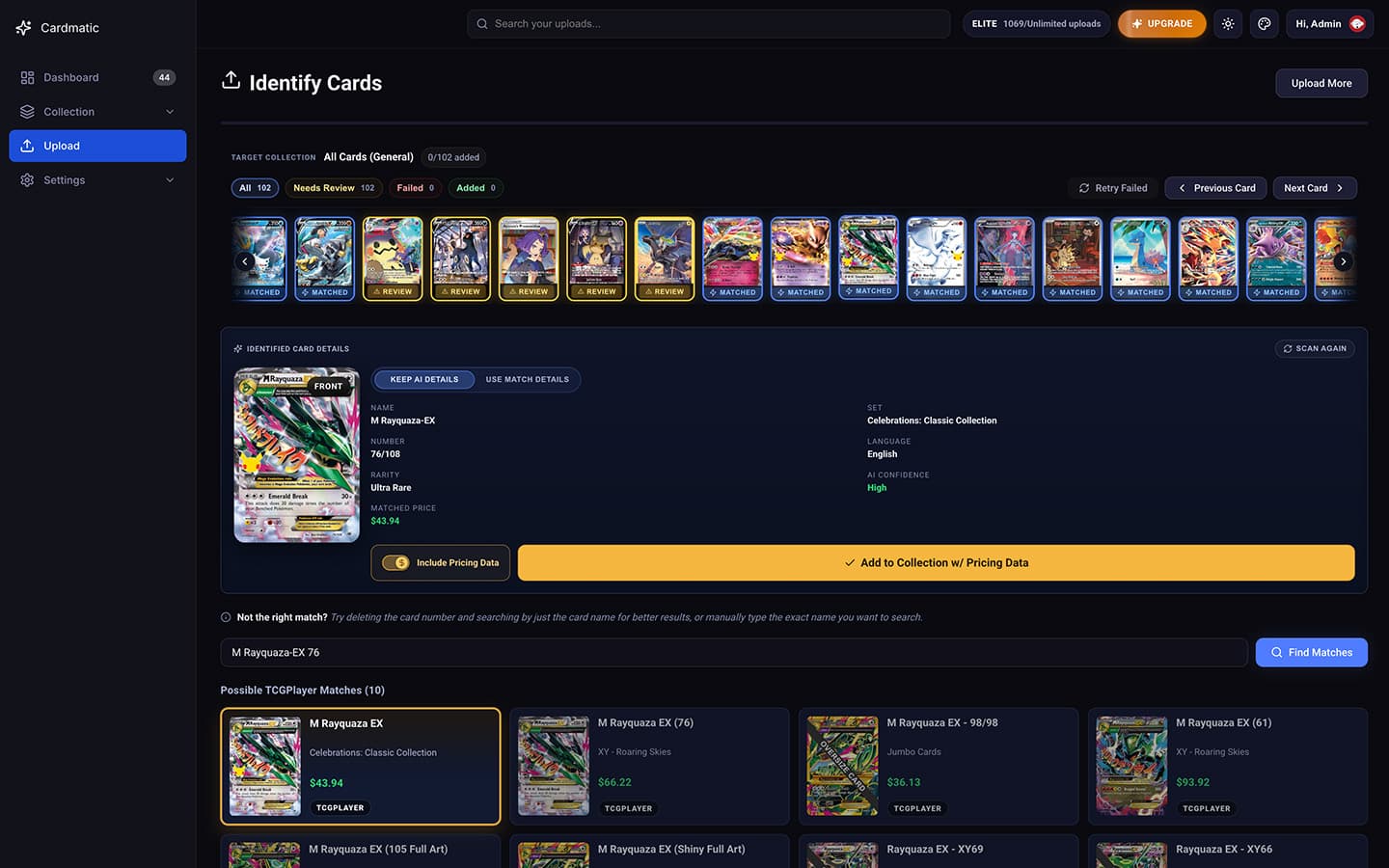 Upload cards screen